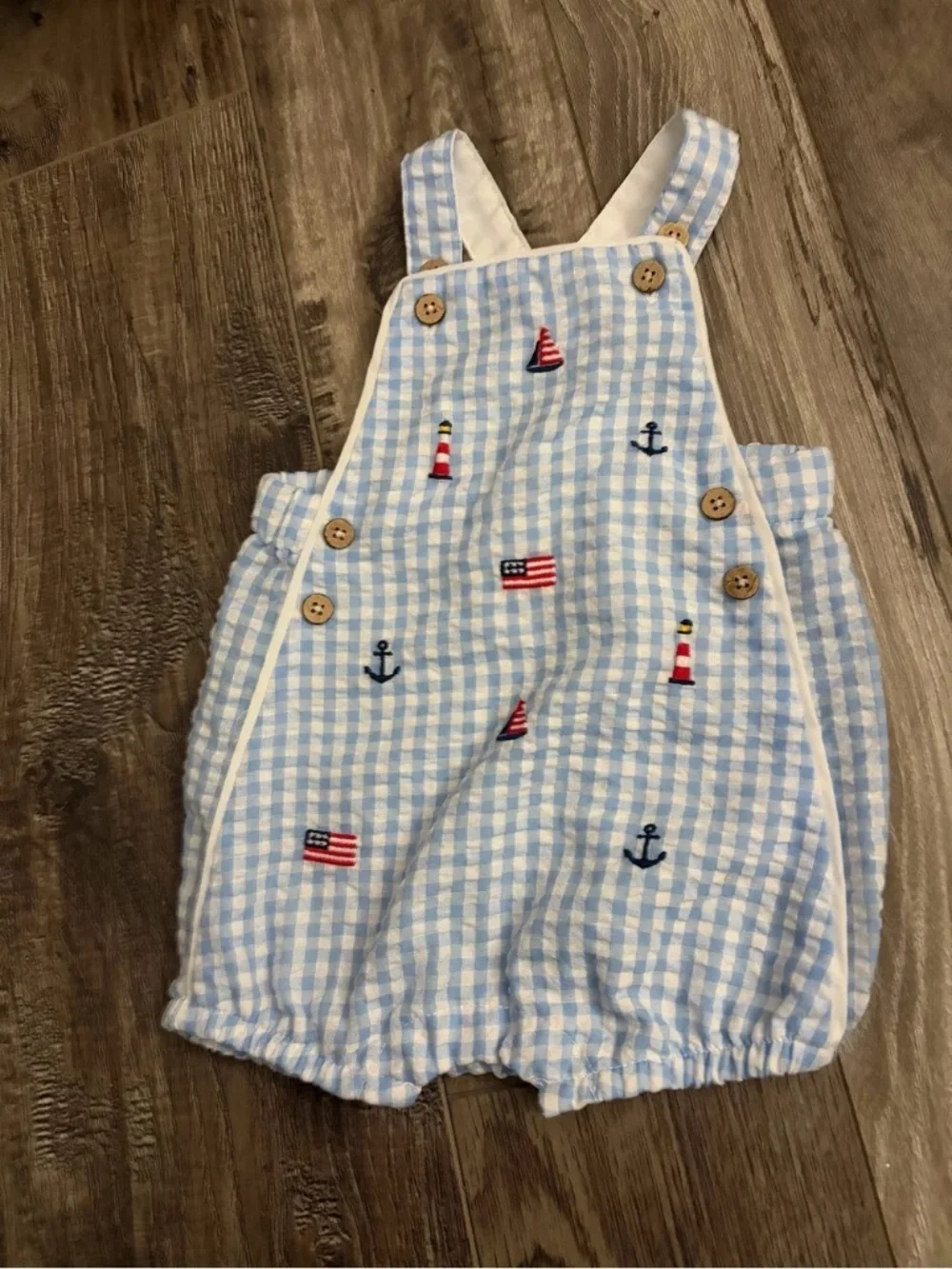 Mud Pie Light Blue Gingham Nautical Embroidered Romper (3-6M)